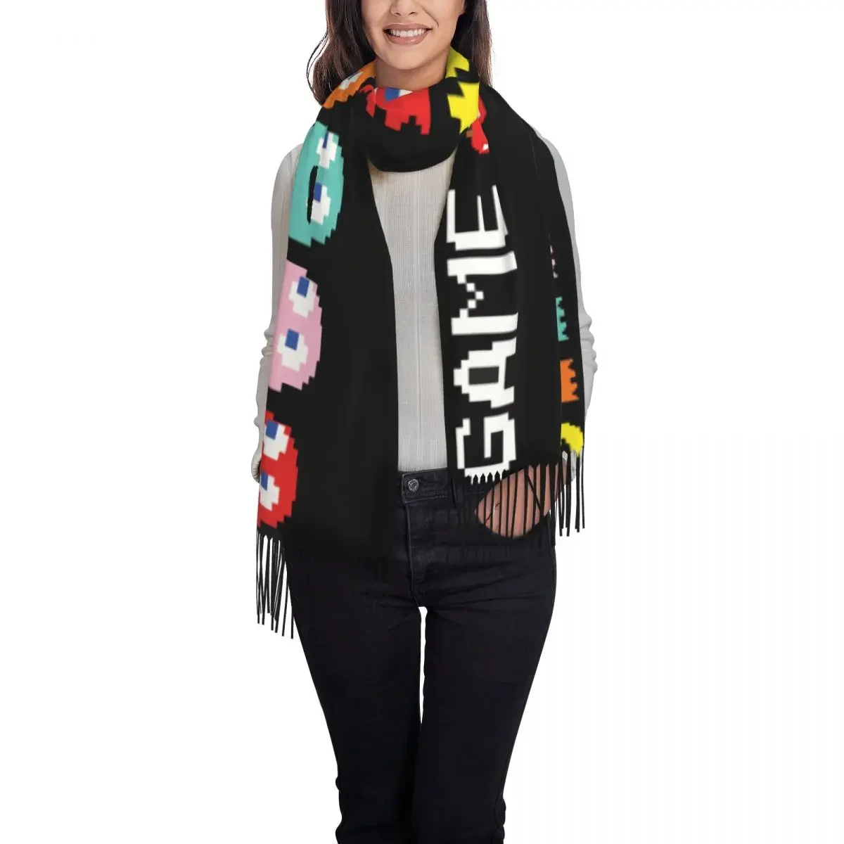 Vintage Arcade Game Over Tassel Scarf Women Soft Shawl Wrap Female Winter Scarves