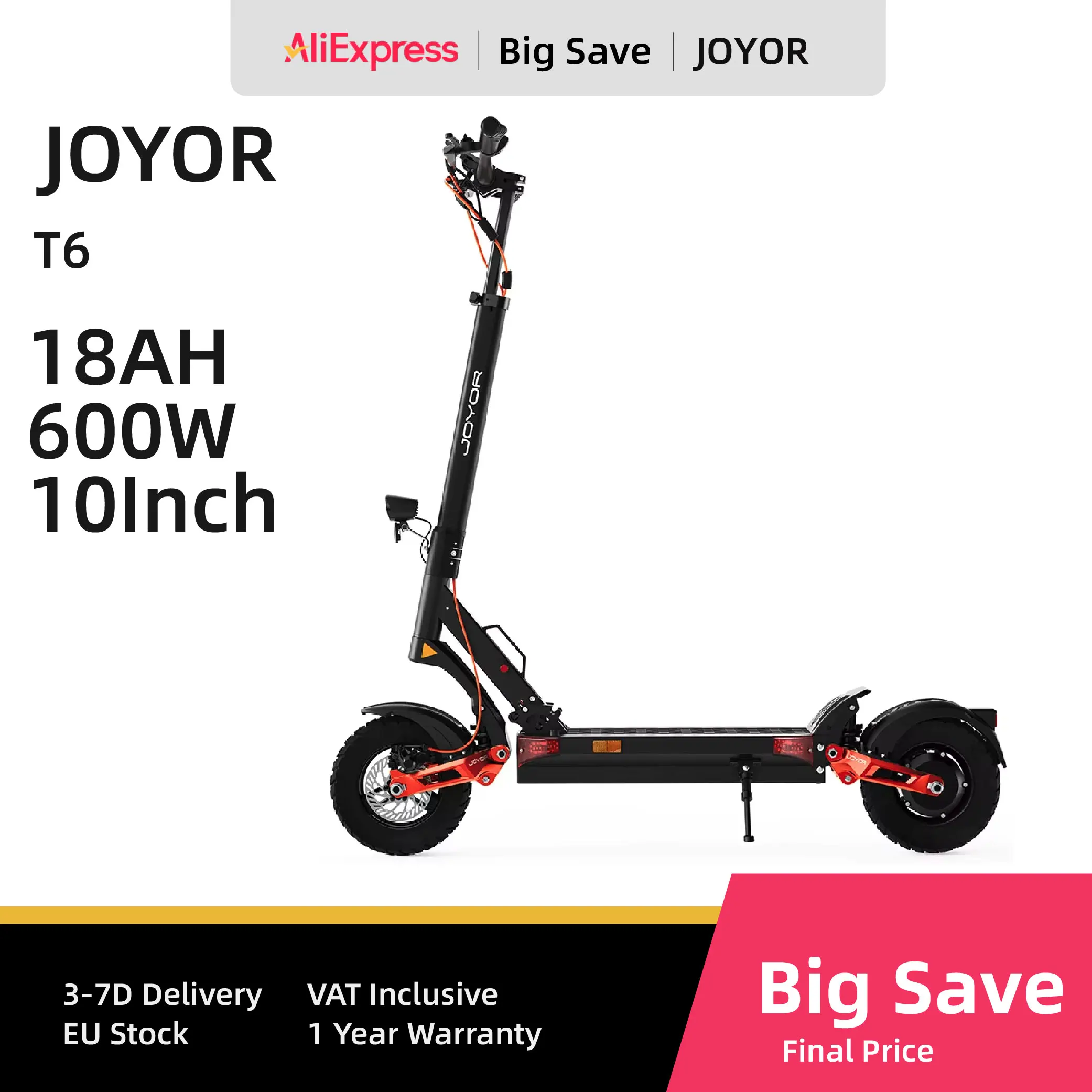 JOYOR T6 Adult Electric Scooter 600W Motor 48V18AH Battery E-Mountain Escooter 10" Off-Road Tire Foldable E-Scooter
