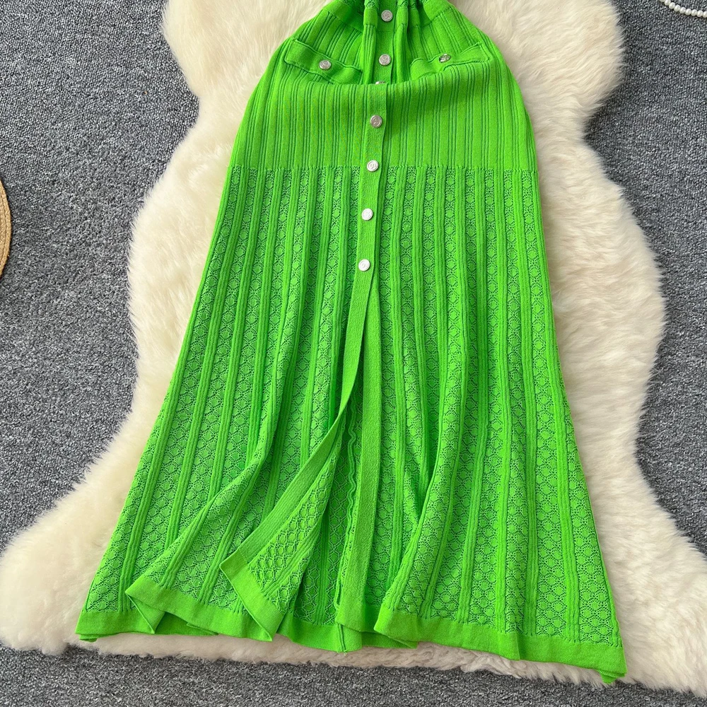Marca YuooMuoo, vestido de verano tejido de un solo pecho a la moda para mujer, vestido camisero largo acampanado con bolsillos Vintage, batas elegantes para vacaciones