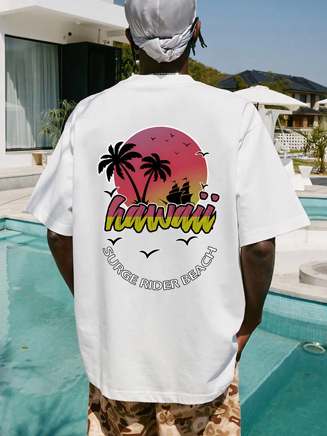 Hawaii Surge Rider Beach Prints Mens Cotton T-Shirts Personality Hip Hop Vintage Clothing Oversize Fashion Tops Man Short Sleeve