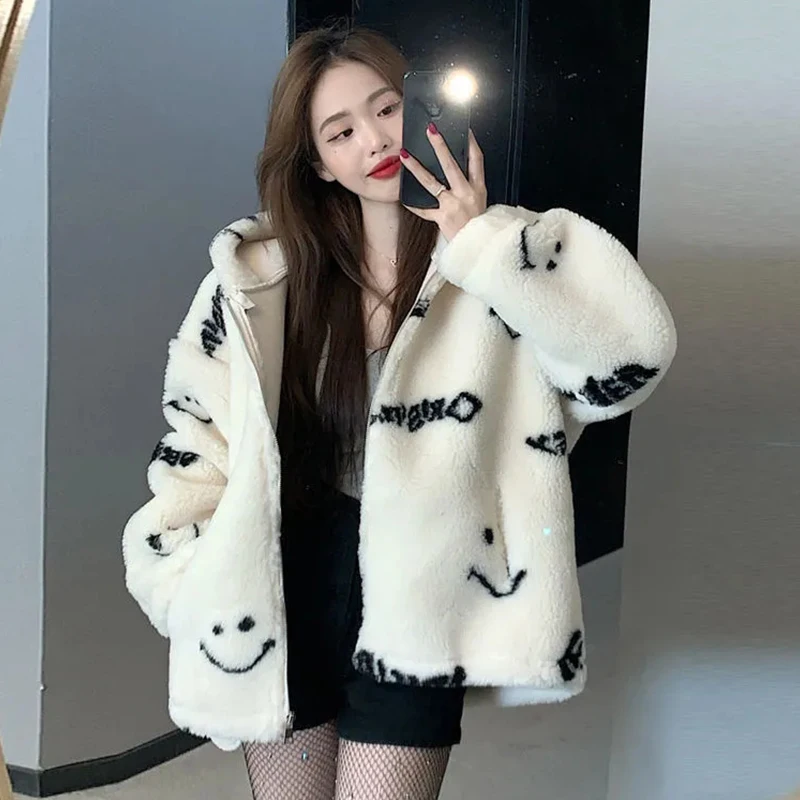 Jackets for Women 2023 Winter Cashmere Chic Printing Hooded Fashion Street Outerwear Sweet Casual College Women\'s Jacket Coat