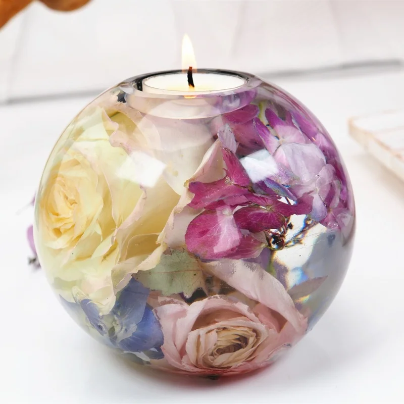 Circular Candle Holder Epoxy Resin Drip Mold DIY Dry Flower Candle Holder Spherical Mirror Silicone Mold Home Decoration Storage