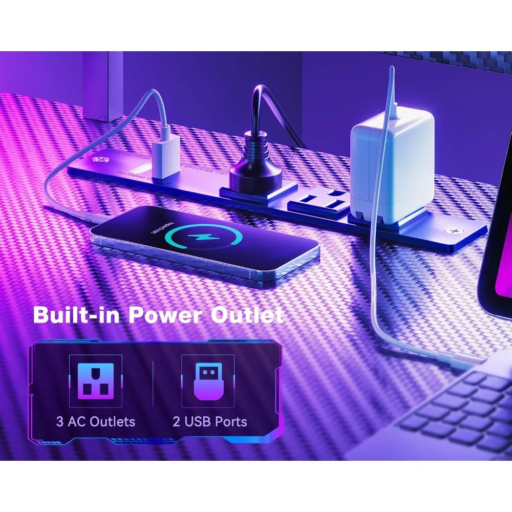 مكتب ألعاب على شكل حرف L بتصميم من ألياف الكربون ومخرج طاقة وإضاءة LED #4