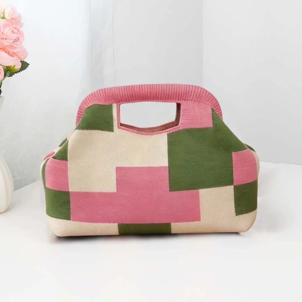 Knitting Wristlet Bag Woven Knit Handbag Lightweight Soft Striped Tote Bag Handmade Durable Cutout Handle Clutch Beach