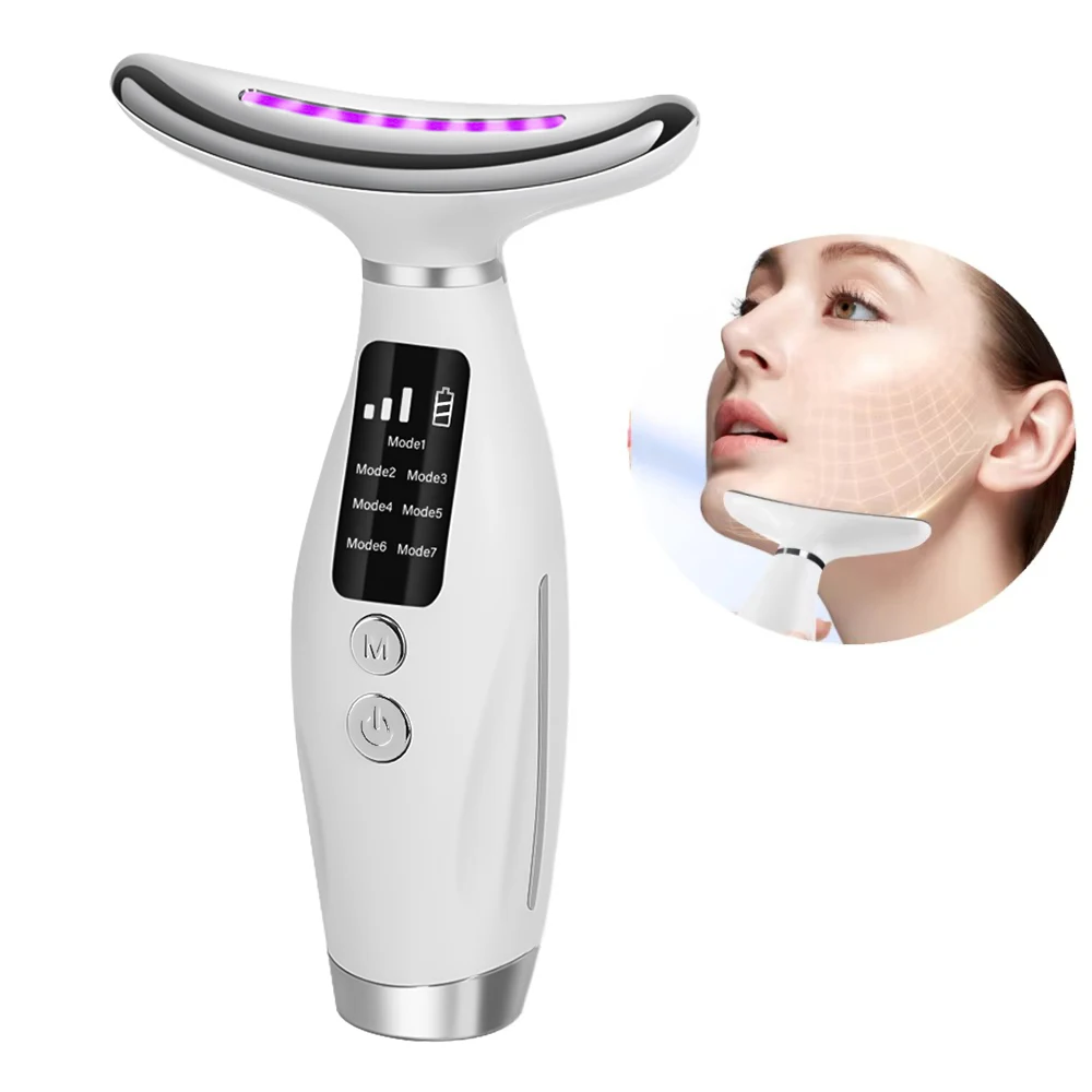 Masajeador de cara y cuello con vibración, 7 colores, luz LED, belleza, estiramiento de la piel, dispositivo de elevación, eliminación de papada, uso doméstico, cuidado de la piel