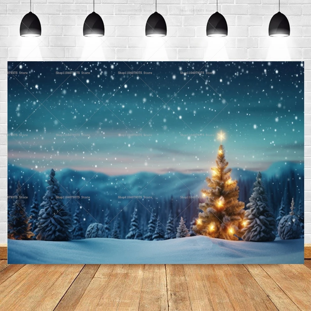 Dark Blue Sky Moon Glitter Star Photography Backdrop Christmas Winter Pine Tree Forest Snow Night Natural Scene Photo Background