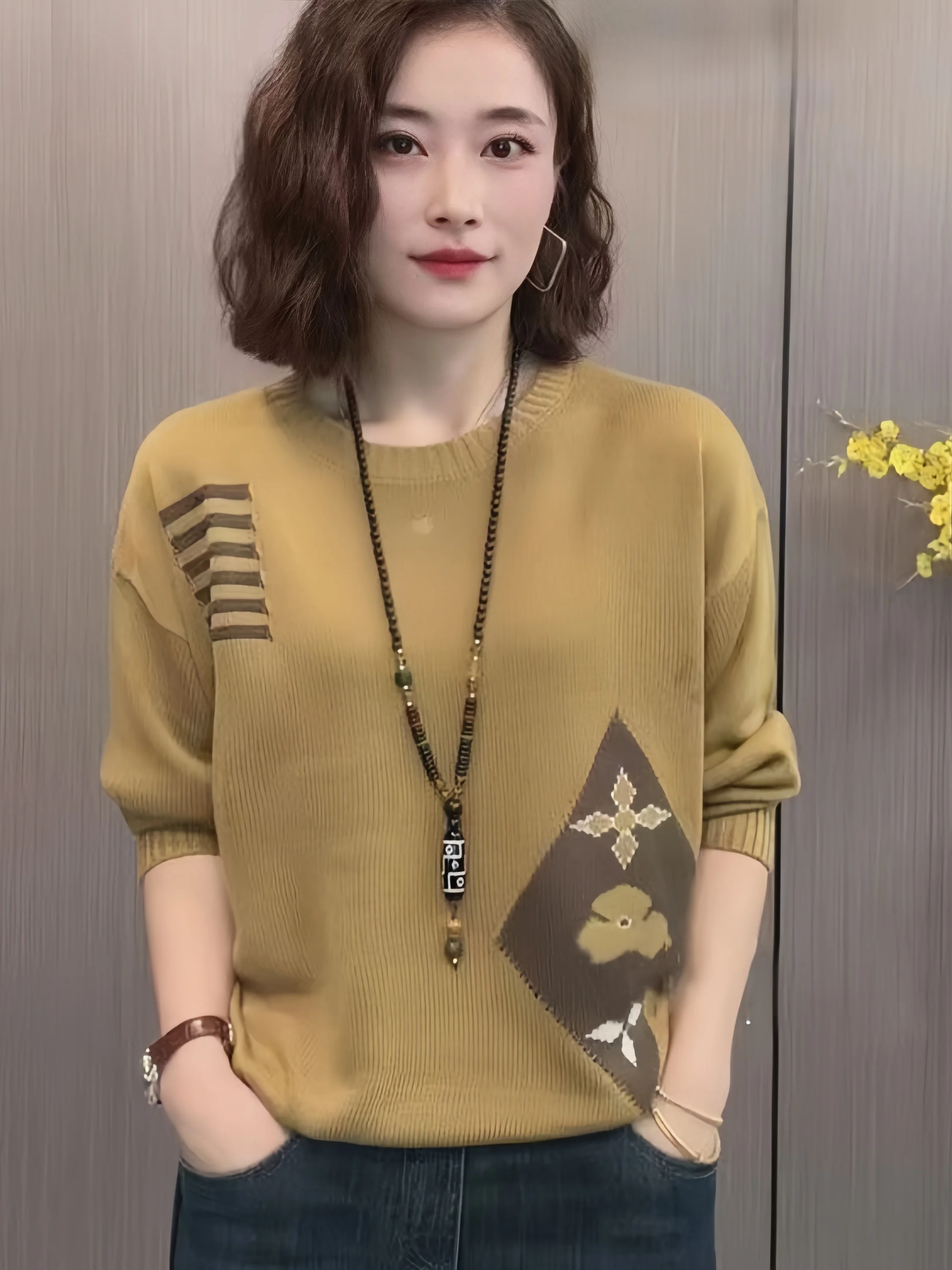 Autumn Winter Women's Loose Fit Long Sve round Ne Knitted Sweater Faionable Splice Base Layer Slimming Top