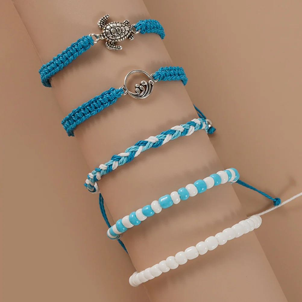 

5Pcs Boho Turtle Bead Braided String Bracelets Beach Anklets for Women Girls Friendship Woven Rope Wrist Jewelry Accessories
