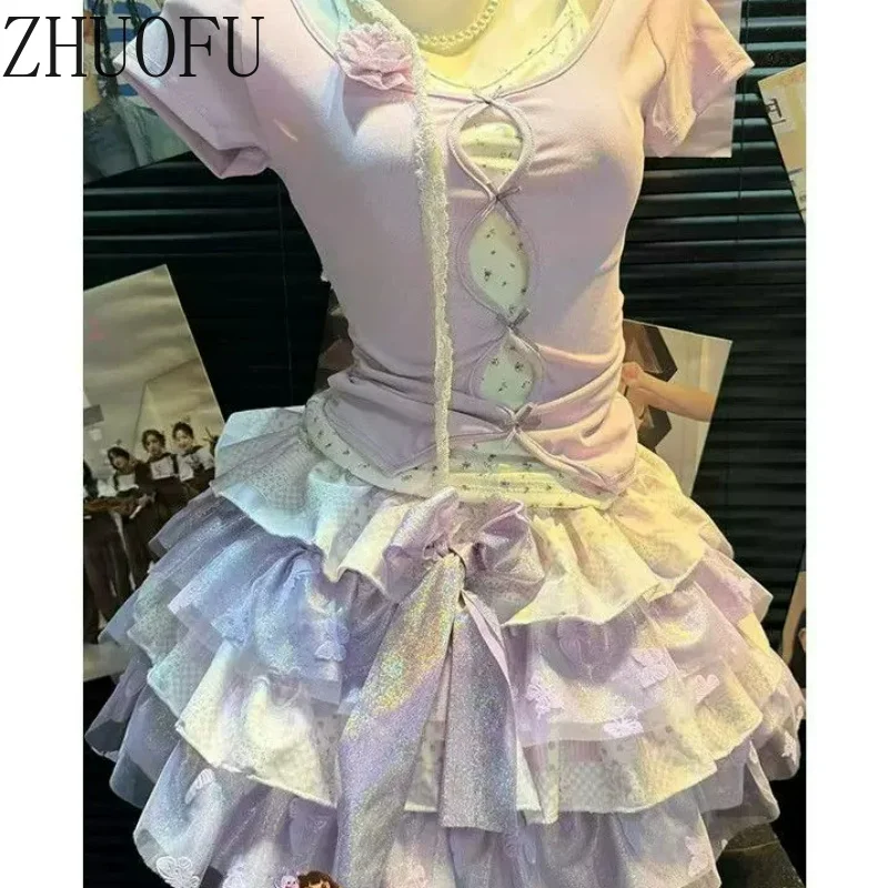 Japanese Original Design Sweet Purple Bow Women's Fake Two-piece Top 2026 Summer New Cute Y2k Age-reducing Cake Skirt Set Female