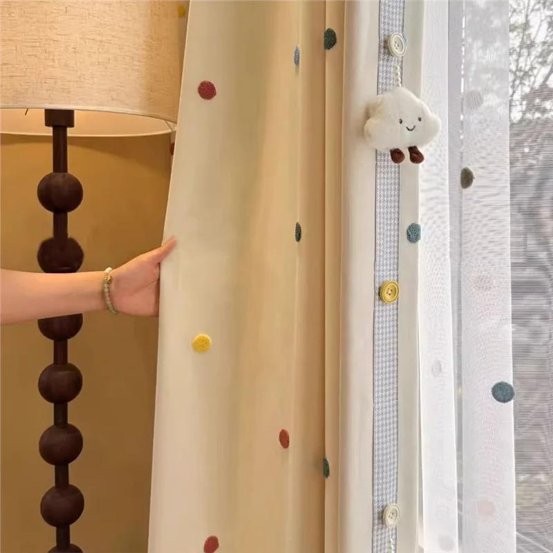 

Colorful Dots Cute Cloud Lace Boys and Girls Dopamine Cartoon Embroidered Blackout Curtains for Living Room and Bedroom