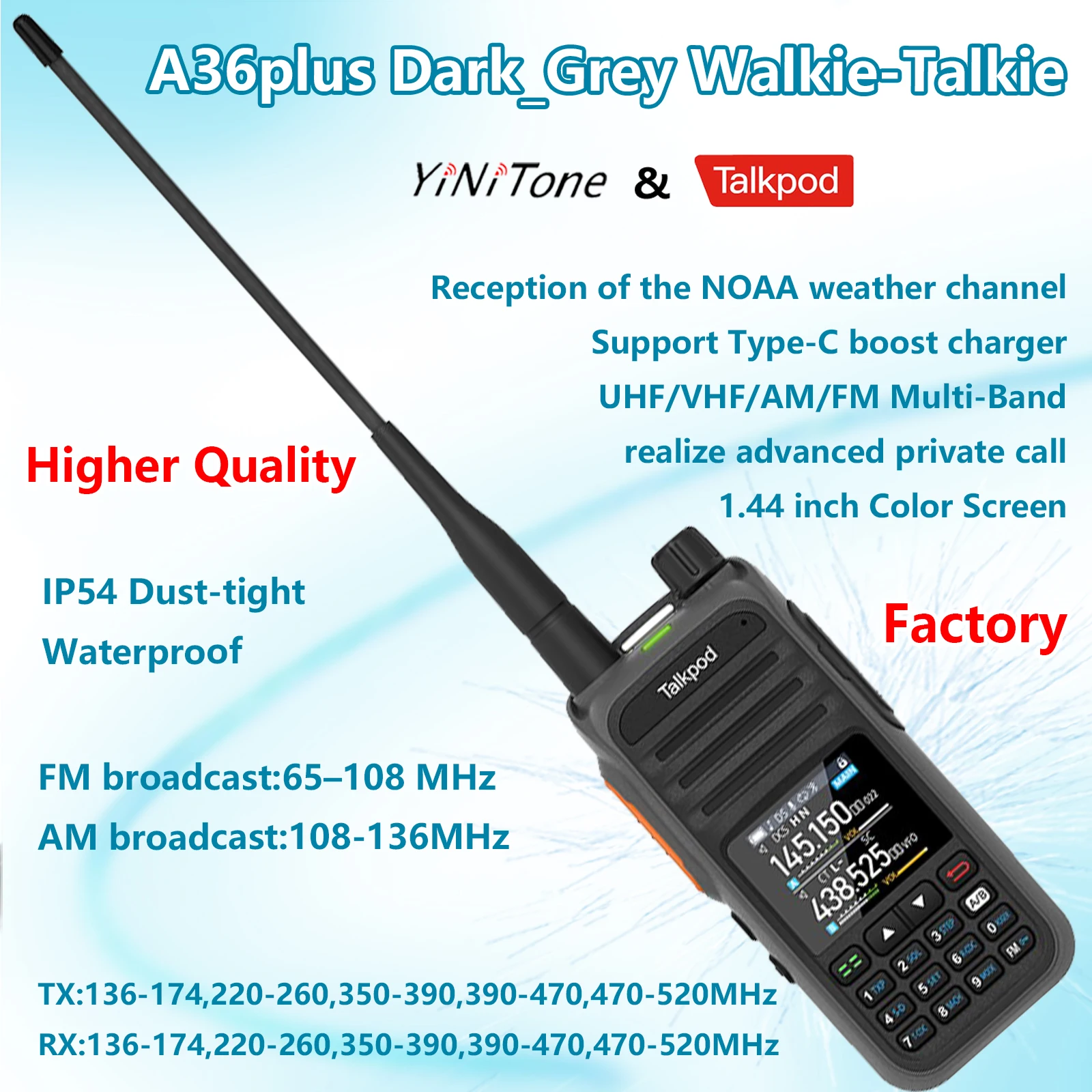 

Dark grey A36plus Transceivers UHF/VHF/AM/FM Band Portable Multi-Function with Color Display Type-C Waterproof Two Way Radio