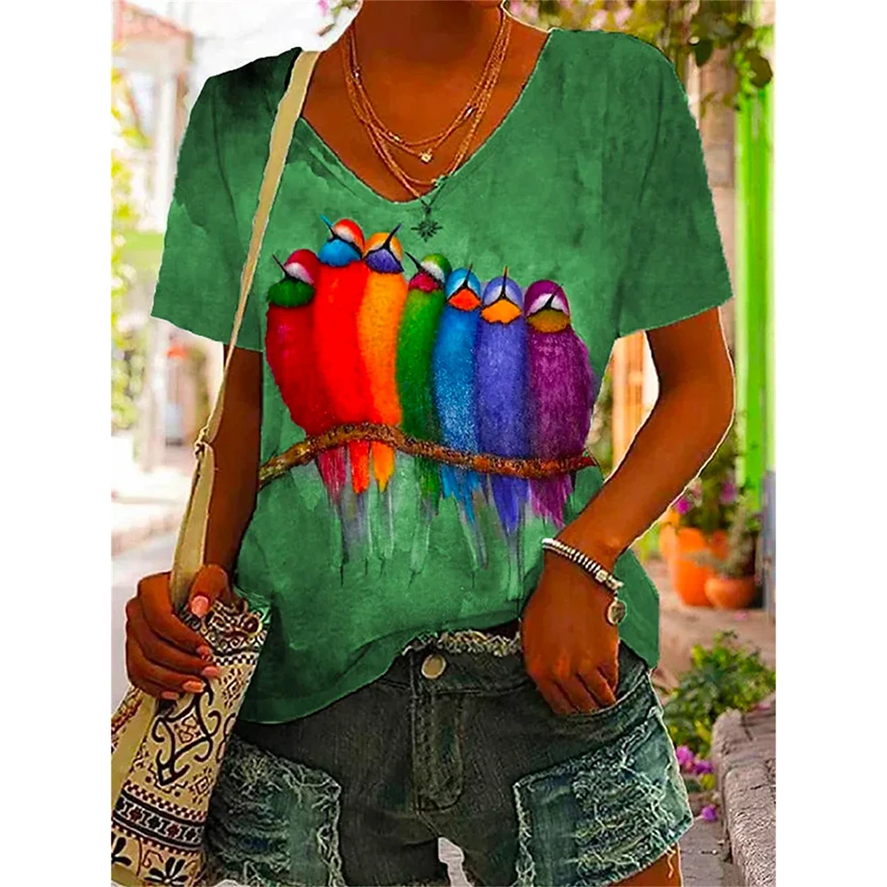 Women Tshirt Summer Colorful Print Gradient Clothing V Neck Short Sleeve Animal Tops Streetwear Fashion Oversized Girls T-Shirts