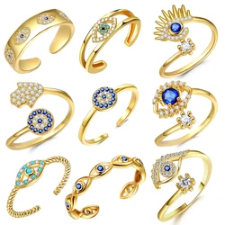 YILUOCD Blauwe Zirkoon Duivel Ogen Open Verstelbare Ringen Lucky Turkse Boze Oog Vinger Ringen Voor Vrouwen Wedding Band Sieraden