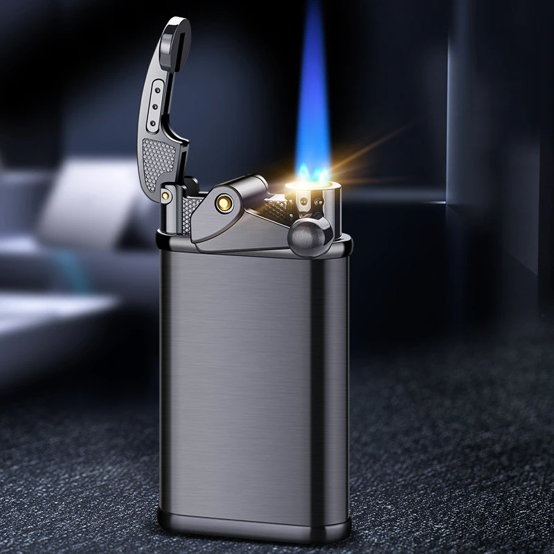 Outdoor Windproof Butane Gas Lighter Metal Rocker Ignition Turbo Torch Blue Flame Jet Unusual Cigar Lighter Men Gift