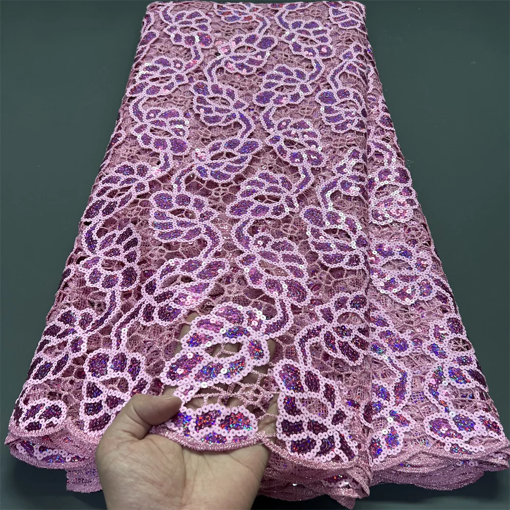 

2025 African Nigerian High-Quality Embroidery Mesh Lace Fabric French Tulle Sequins for Wedding Party Dresses PS0079 5 Yards