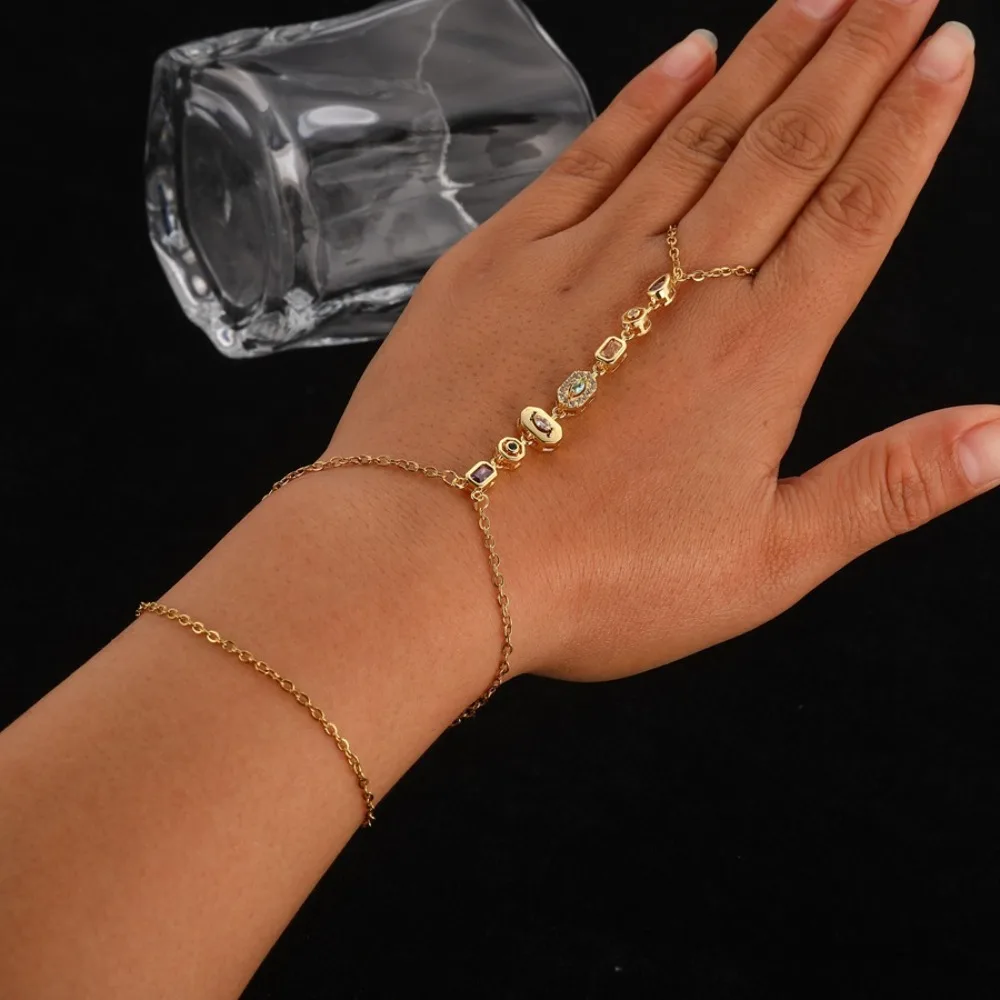 Moda de luxo brilhante colorido strass cor ouro aço inoxidável dedo conectar pulseira mão volta corrente para jóias femininas