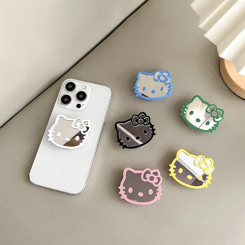 2024 New Color Line Hello Kitty Mirror Mobile Phone Airbag Holder Back Sticker Kawaii Retractable Portable Niche Lazy Ring Gift