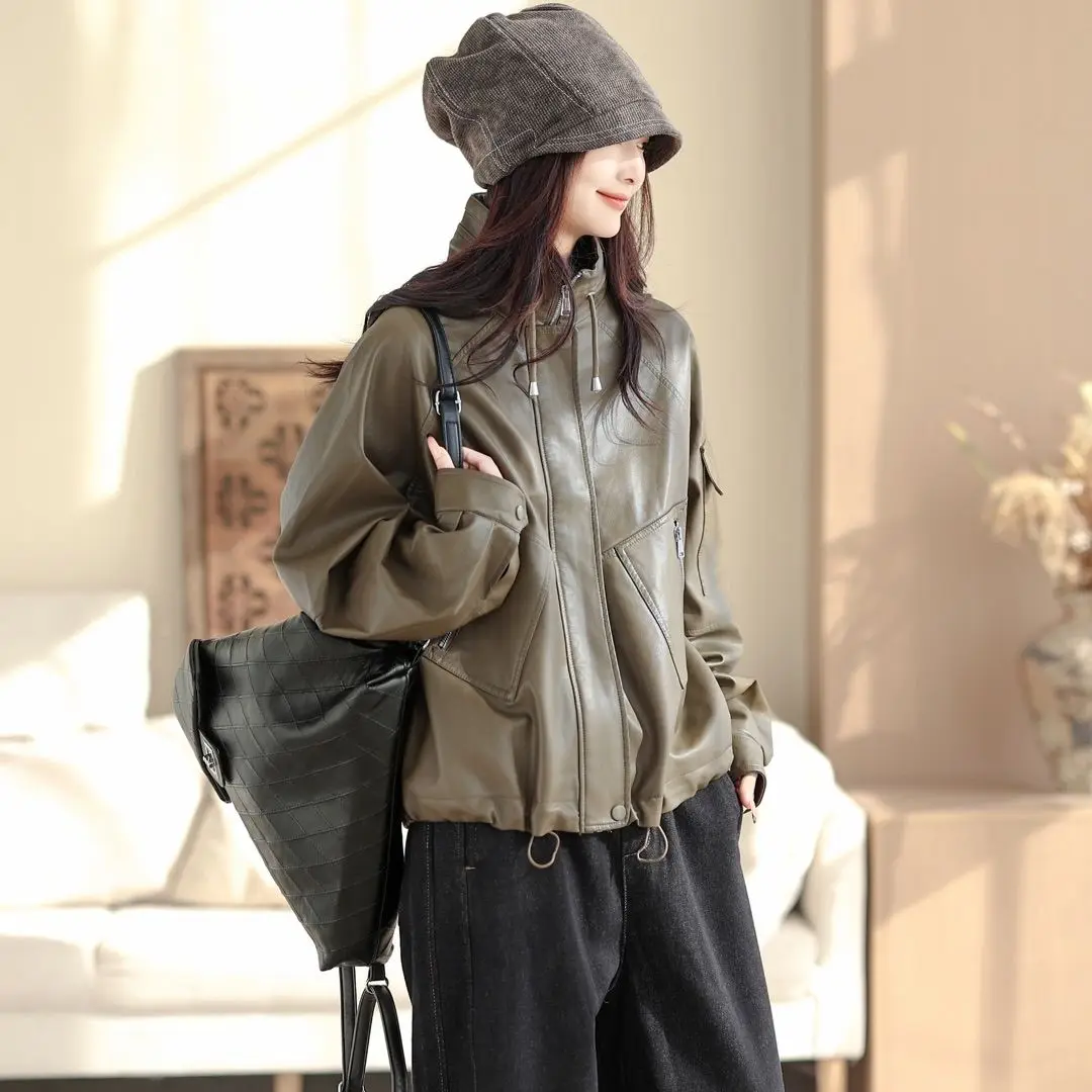 Spring and Autumn Women's Leather Jacket Commuter Windproof Stand Up Collar PU Leather Jacket
