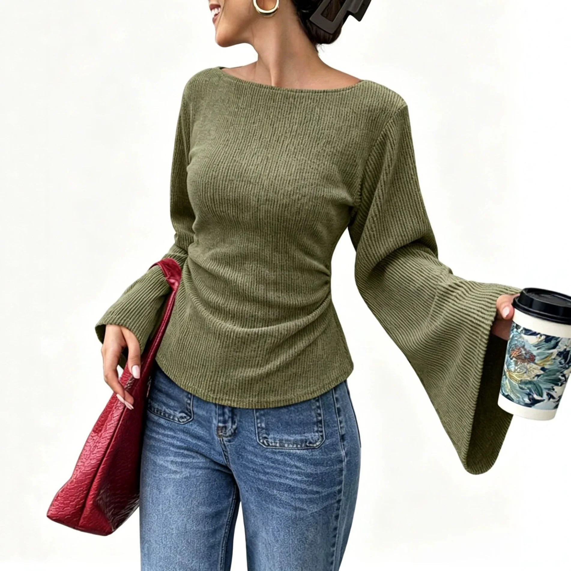 Women's round Neck Long Sleeve T-Shirt Fleece Finish Waist Cinched Casual Style Straight Cut Thickened Polyester Fabric