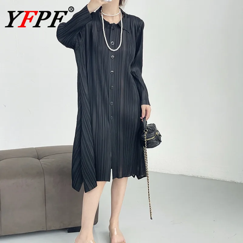 

YFPF 2026, весеннее новое длинное платье, женское плиссированное однотонное платье с воротником с лацканами и пуговицами, свободные модные платья, повседневная одежда