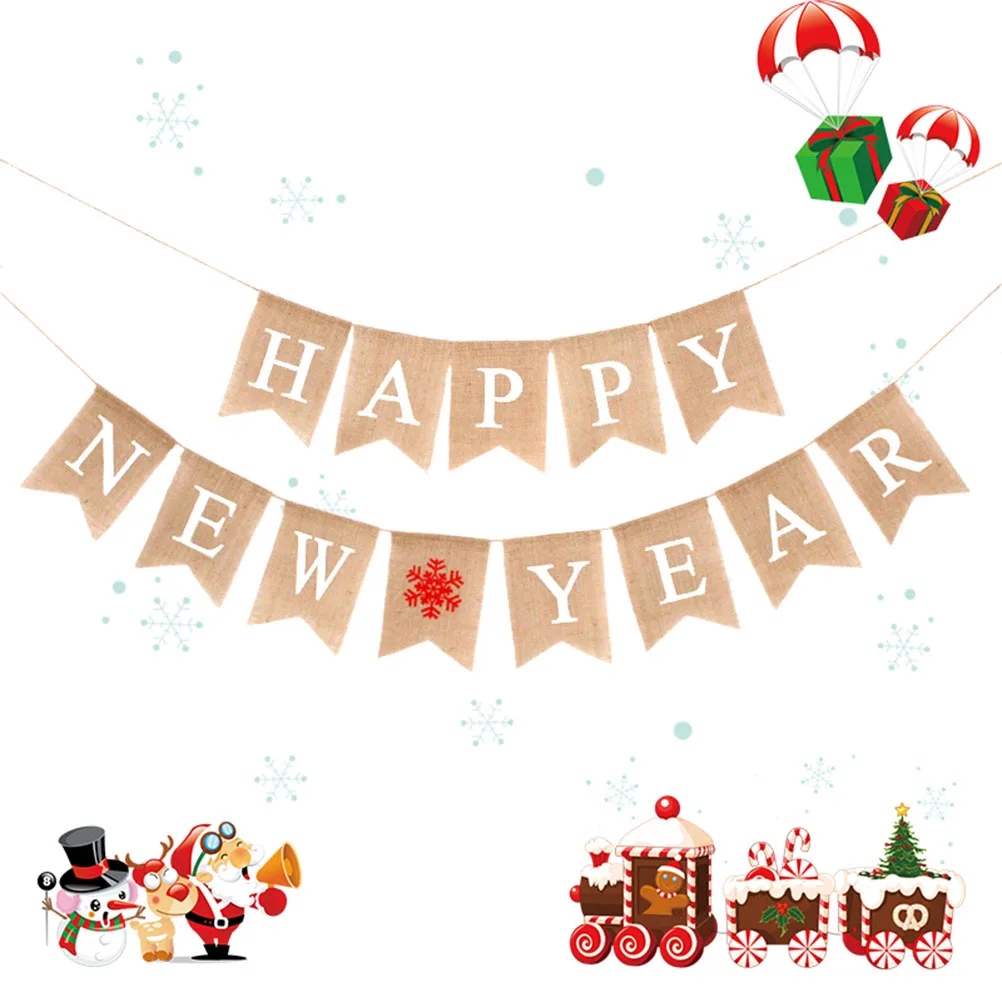 

New Year Banner Linen Decorative Flags Garlands Party Bunting Burlap Material Reusable Festive House Tree Photo Prop