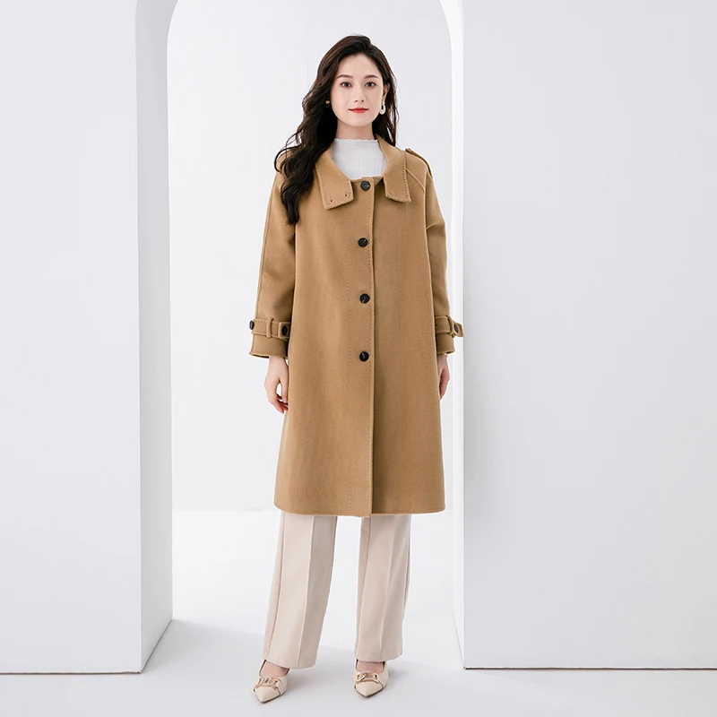 Hepburn Style Fashion New 100% Pure Australian Wool Double Sided Wool Coat Women's Standing Collar Design Medium Length Coat