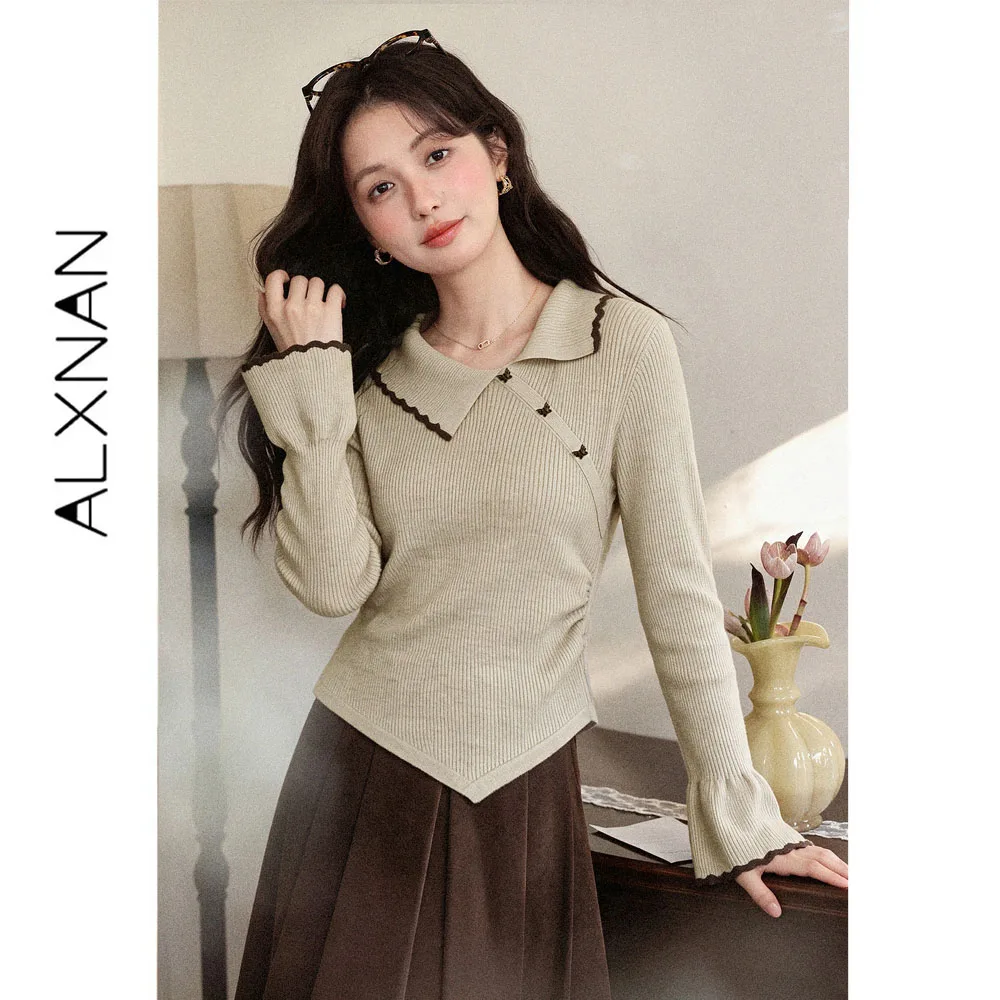 ALXNAN Women's Apricot Turn-down Collar Knit Sweater New Autumn Waist-cinched Asymmetrical Hem Pullover Long Sleeve Top L679176A