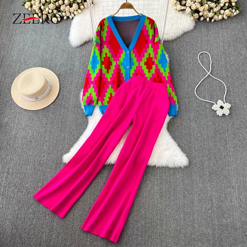 

Fall Winter Women Plaid Long Sleeve Contrast Color Knitted Cardigans Coat + Wide Leg Full Pants Set Two Piece Set Womens Outfits