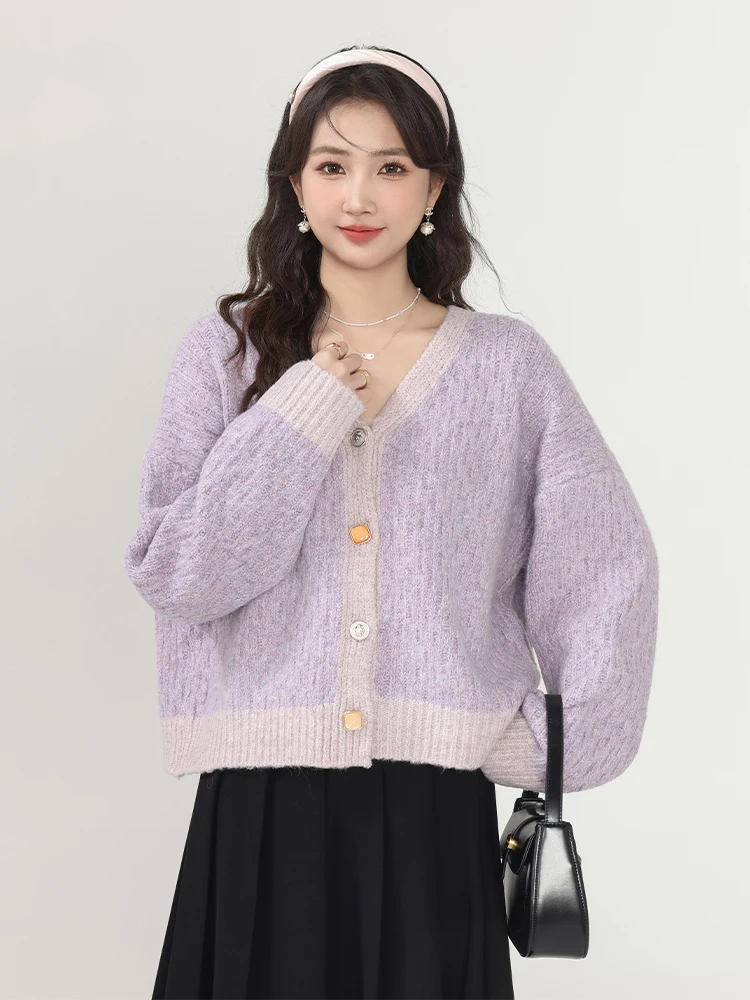 

Zhang Soda Pure Mousse Lazy Sle Свободный женский свитер Пальто фиолетового цвета с v-образным вырезом Длинная сверовая длина на одной пуговице Осенне-зимний...