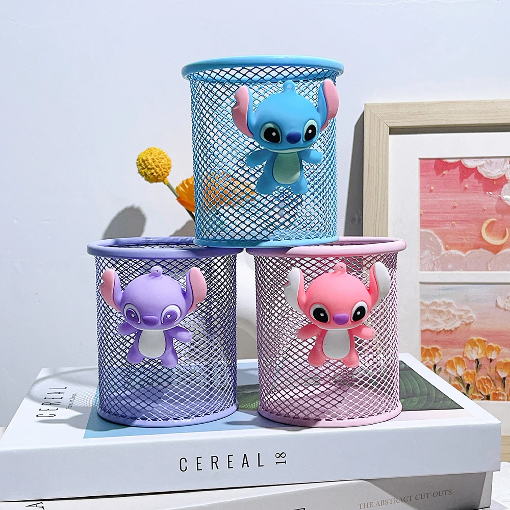 Disney Stitch Doll Design Metal Mesh Pen Holder - Square/Round Desk Organiser Container, Durable IP Pencil Case for Fans