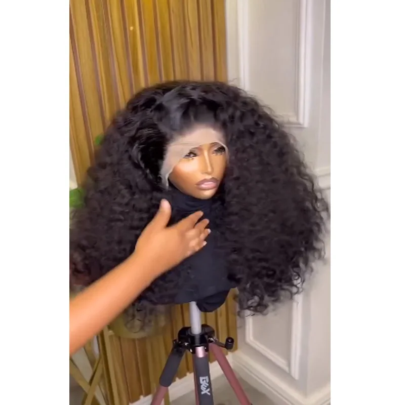 Perruque Lace Front Wig noire crépue bouclée, cheveux de bébé, douce et longue, densité 180, sans colle, pre-plucked, pour femmes africaines, 26 pouces, 03/3