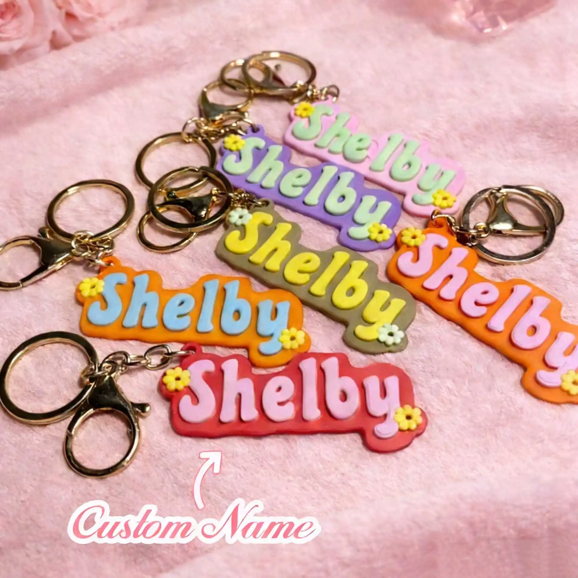 New Design Cute Flower Decor Acrylic Name Custom Keychain DIY Nameplate Double Layers Plate Personalized Keyring Gift Woman Girl