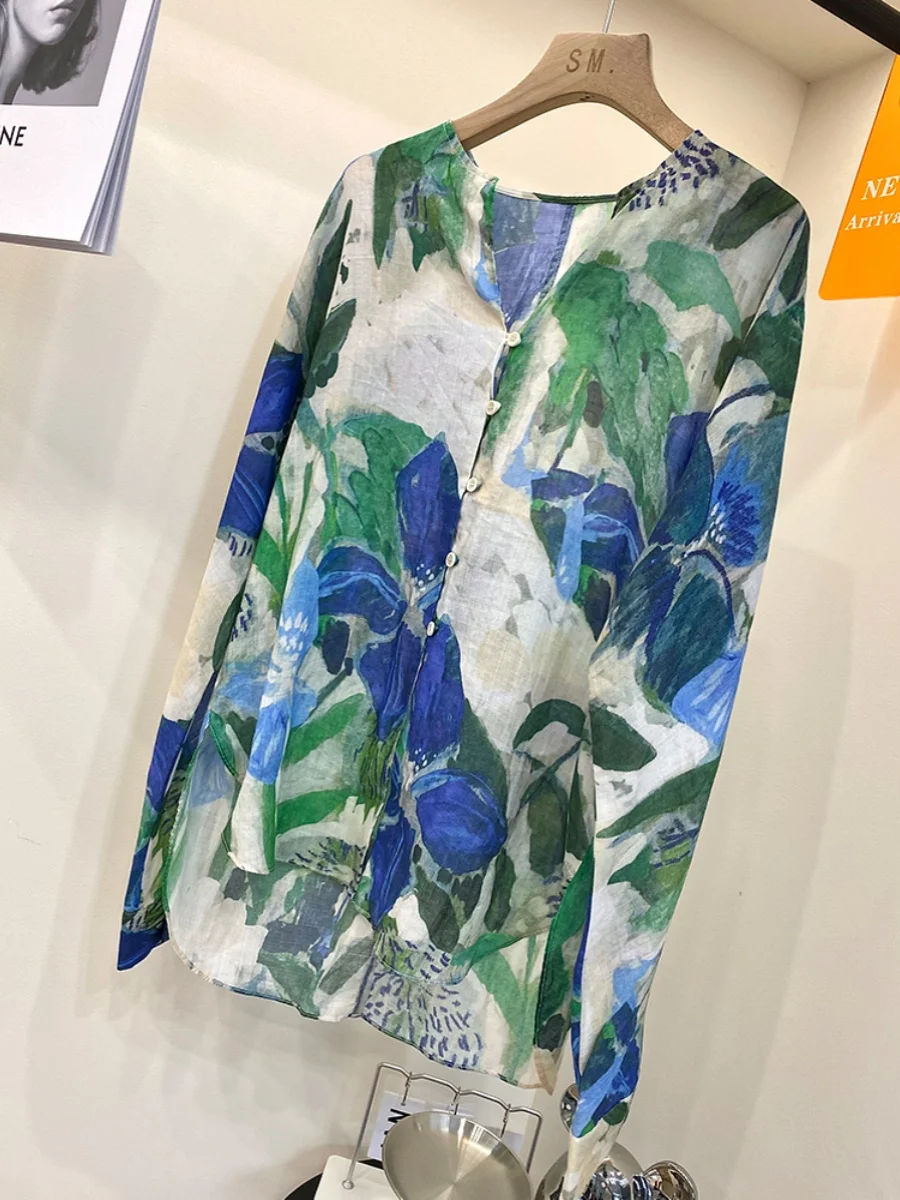 เสื้อทรงหลวม แขนยาว คอวี ลายพิมพ์ สไตล์เกาหลี-ญี่ปุ่น ลำลอง แฟชั่น เสื้อผู้หญิงสำหรับฤดูร้อน ไม่มีแบรนด์