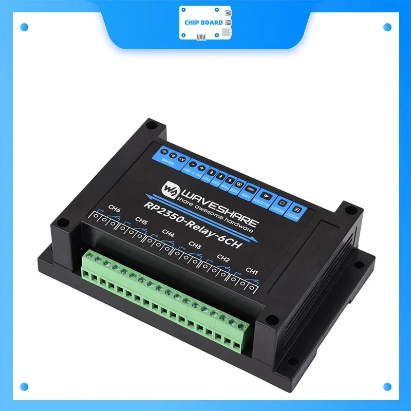 

Промышленный релейный модуль Waveshare RP2350 — 6 каналов с защитой от изоляции RS485 и Pico HAT