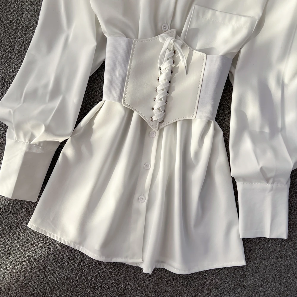 Camicie da donna con cintura in vita Abiti da donna eleganti alla moda autunno inverno Abito stile coreano Vintage Palazzo Cena Banchetti Abiti sexy