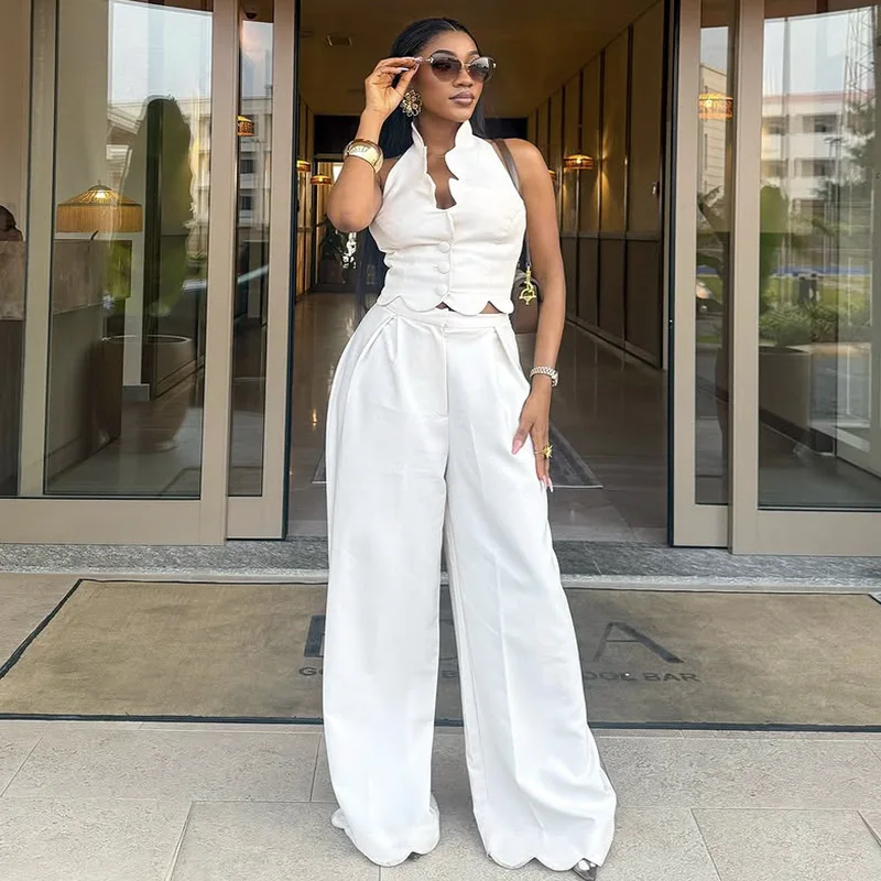 

2025 Summer New Fashion Women's Two Level Lace Sleeveless Solid Color Button Top Wide Leg Pants Set