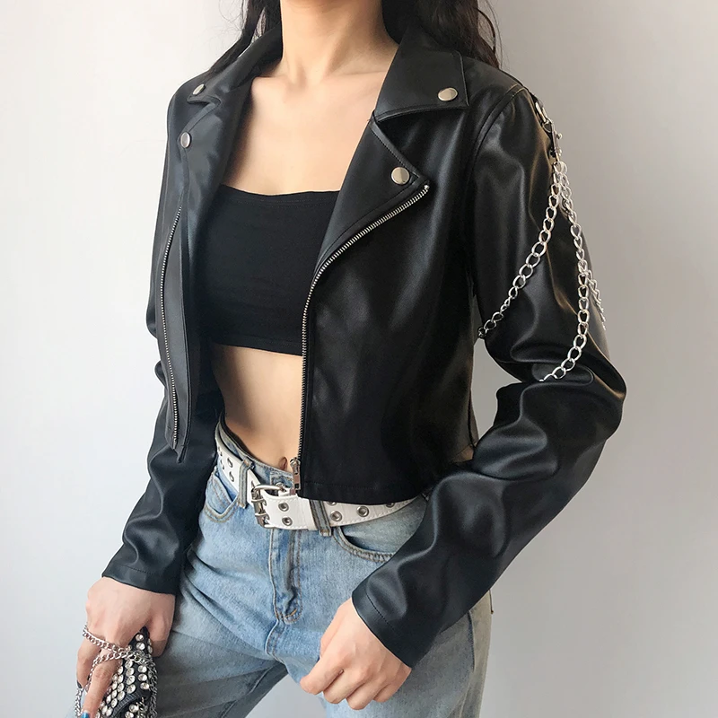 ZURICHOUSE Punk Leather Jacket Women Spring 2024 Streetwear Personality Chain Design Long Sleeve Faux Leather Cropped Jacket