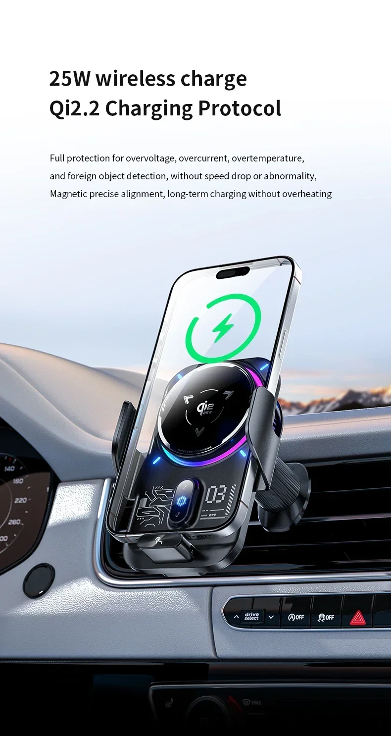2-in-1 Magnetisches Qi2 25W Kabelloses Ladegerät Auto-Handyhalterung ICE-Kühlung Auto-Induktion RGB-Licht für iPhone 17 Samsung S25 Ultra – Detail 4