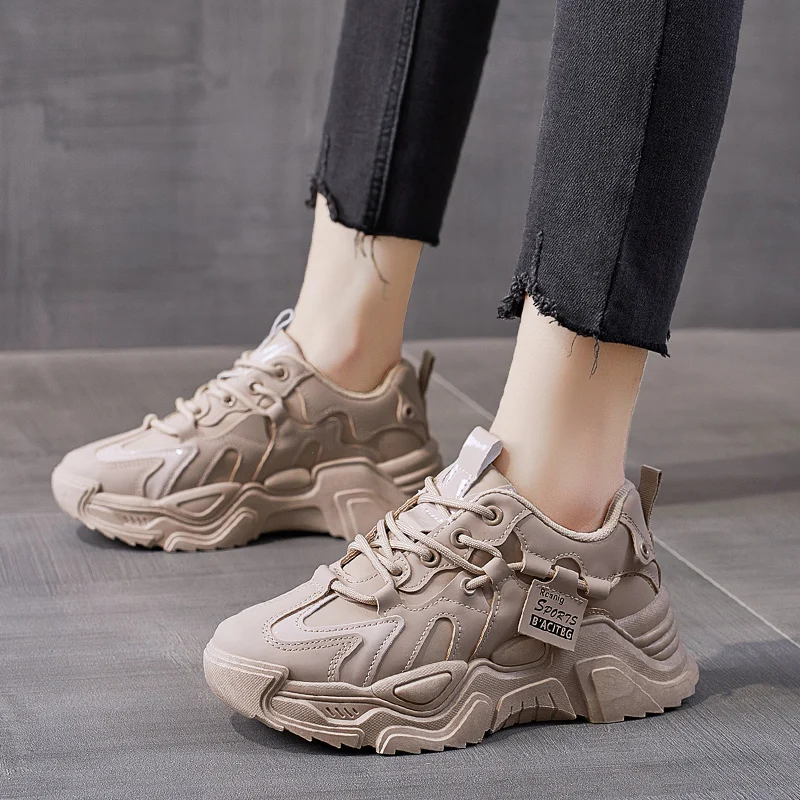 PU Leather Khaki Sneakers with Platform Woman Fashion Women Spring Autumn Female Chunky Sneaker Casual Sports Shoes White New