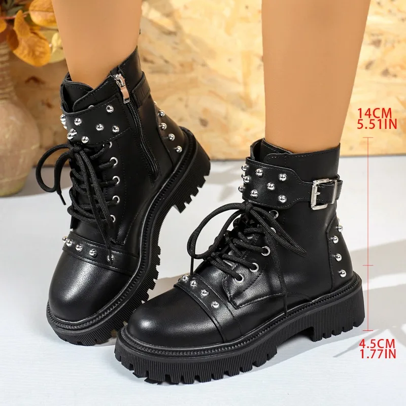 Studded Block Heel Booties Fashion Round Toe Lace-up Platform Non-Slip Wear-Resistant Women's Shoes