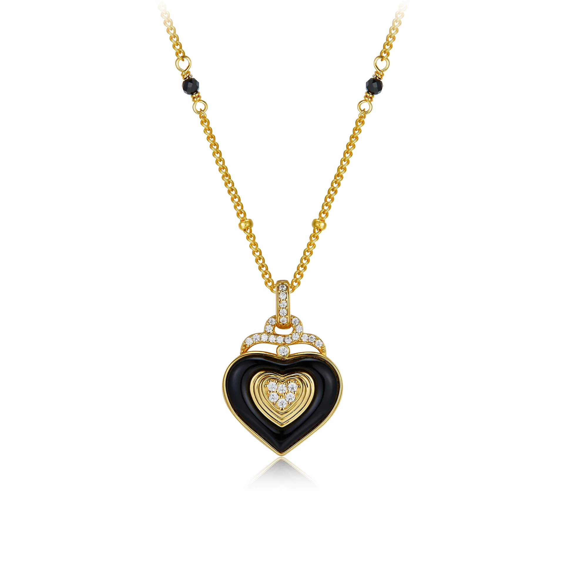 

Certificated 925 Silver Set Natural Heart Cut Black Aagate Pendant With Gold Beaded Chain Full Zircons Love Charm Choker Bijoux