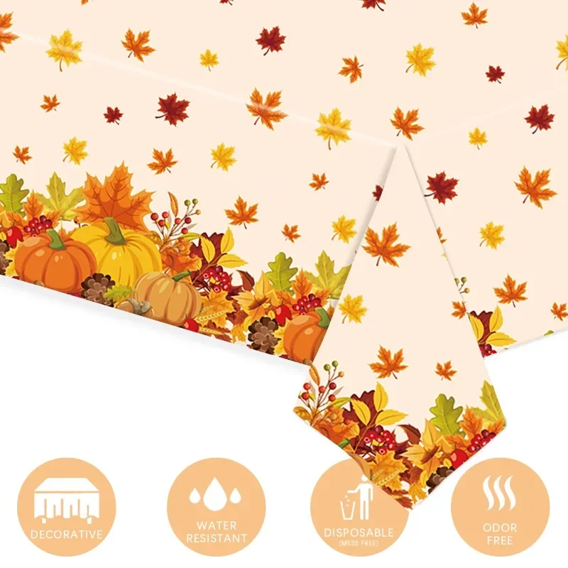 3 Pieces Fall Maple Leave Theme Party Tablecloth Autumn Pumpkin Leaves Thanksgiving Disposable Plastic Fall Table Cover Decor