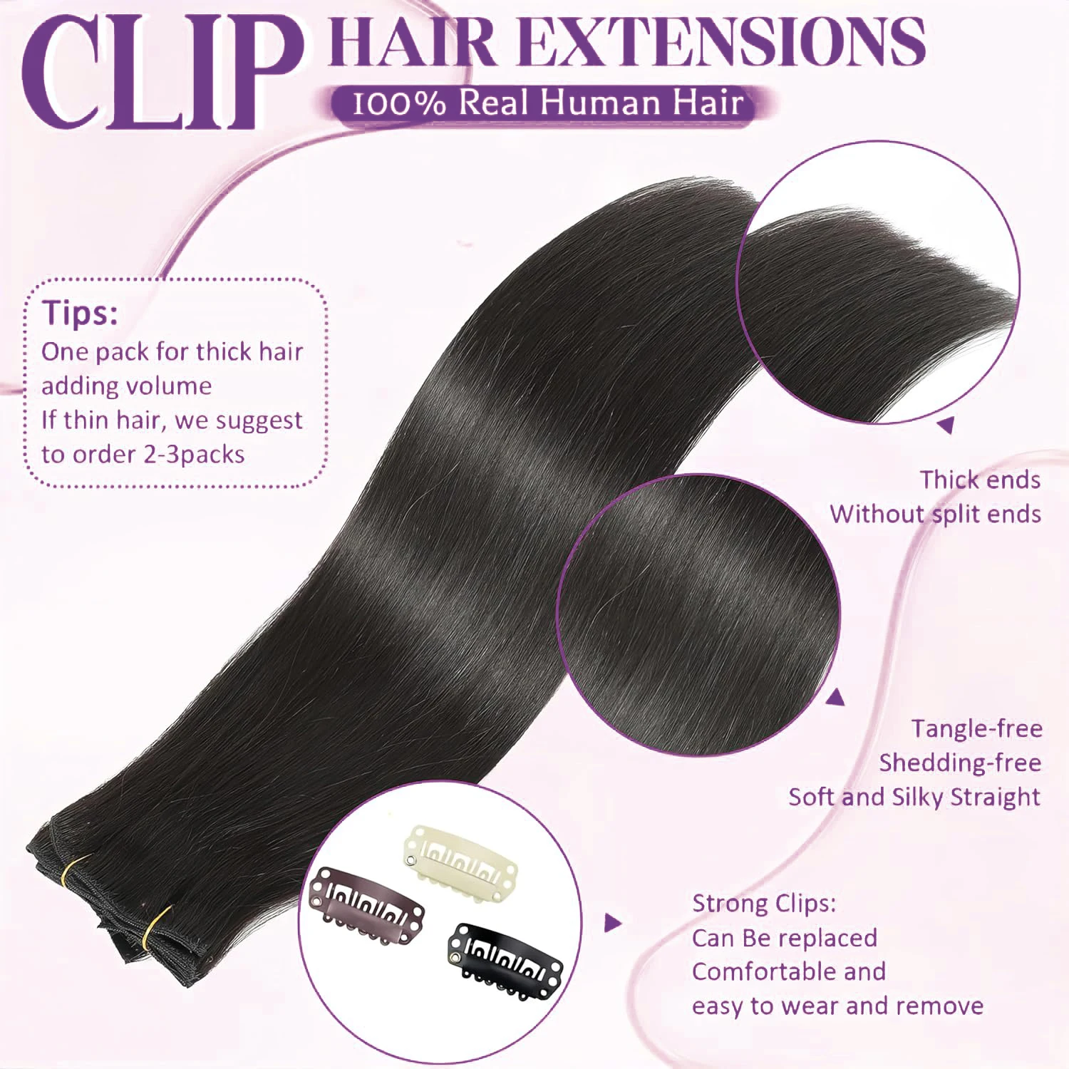 Clip em extensões de cabelo com trama dupla, cabelo humano real, invisível e reto, sem costura, 8PCs, 18 clipes