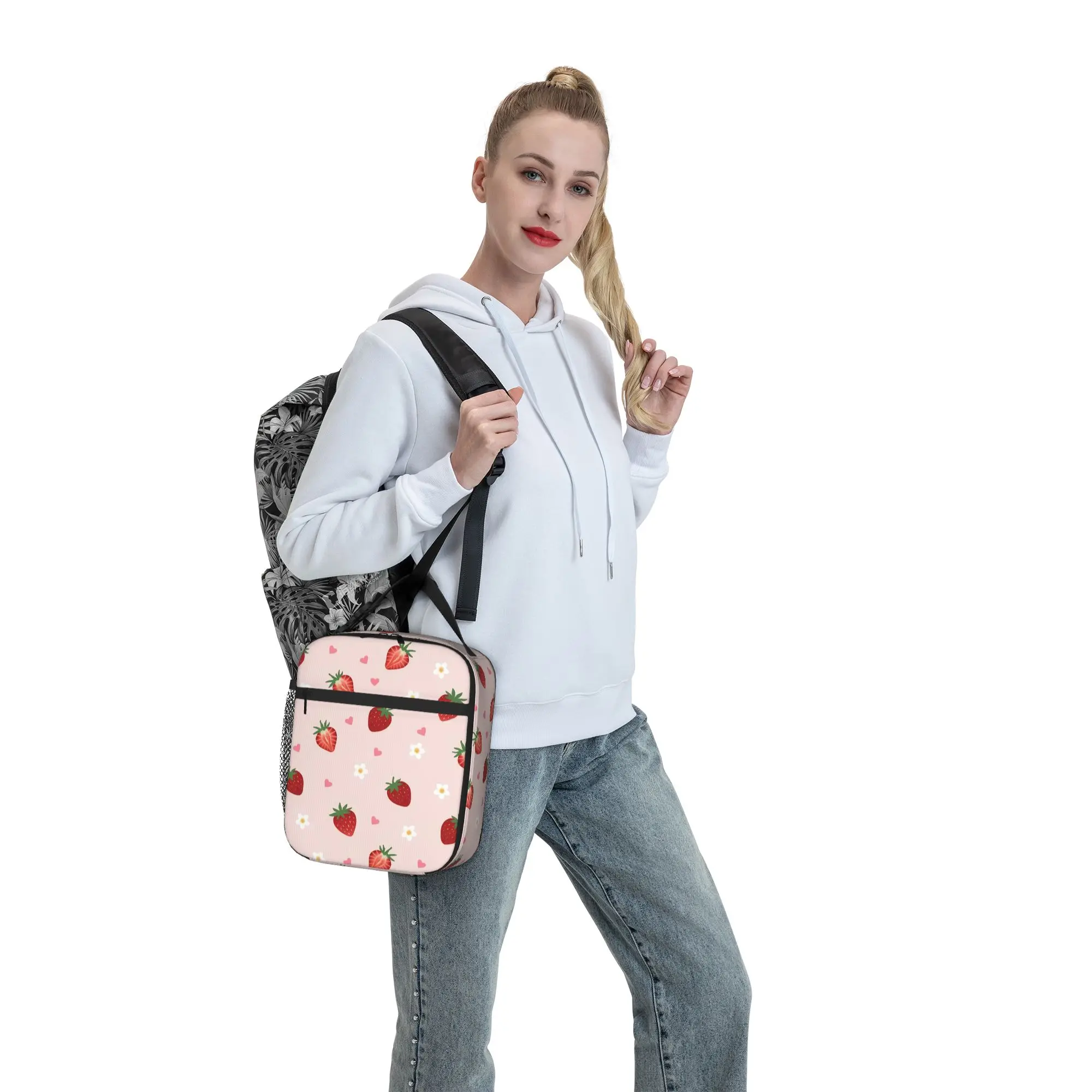 Pink Strawberry Cute Floral Tote Insulated Lunch Bag Cartoon Portable Food Bags Leakproof Cooler Thermal Large Size Bento Box view 5
