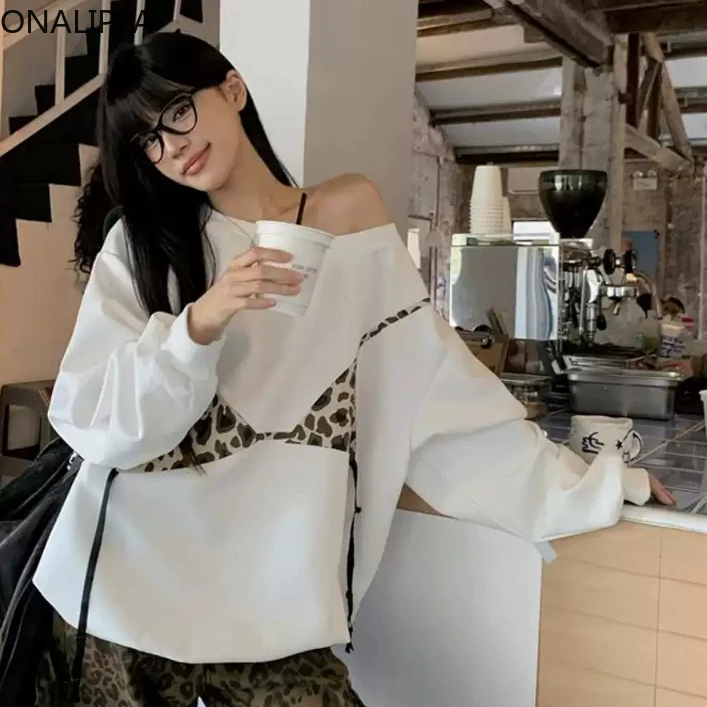 Onalippa Leopard Mid-length Sweatshirt Hoodie Off-shoulder Long Sleeves High Street Bts Pullover Korean High Steet Casual Top