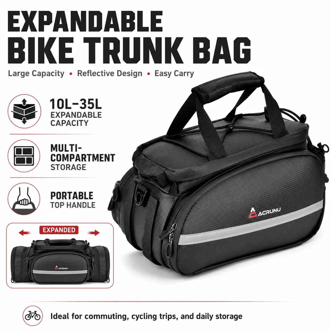 

ACRUNU Large Capacity Waterproof Bicycle Trunk Bag Expandable Bike Rear Rack Bag for Cycling