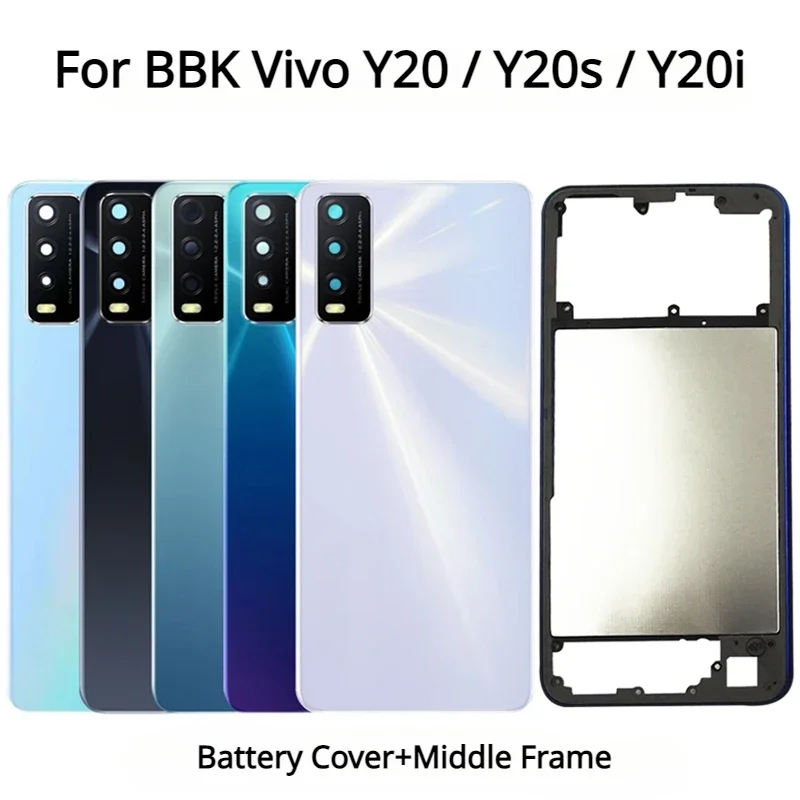 

Back Cover for BBK Vivo Y20, Y20s, Y20i Battery Cover, Middle Frame, Rear Door Housing Case with Camera Lens, Side Keys, New