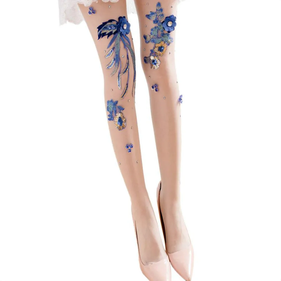 

Slim Leggings Stocking Sexy Pantyhose Silk Hosiery Embroidery Flower Long Socks Woman Girl