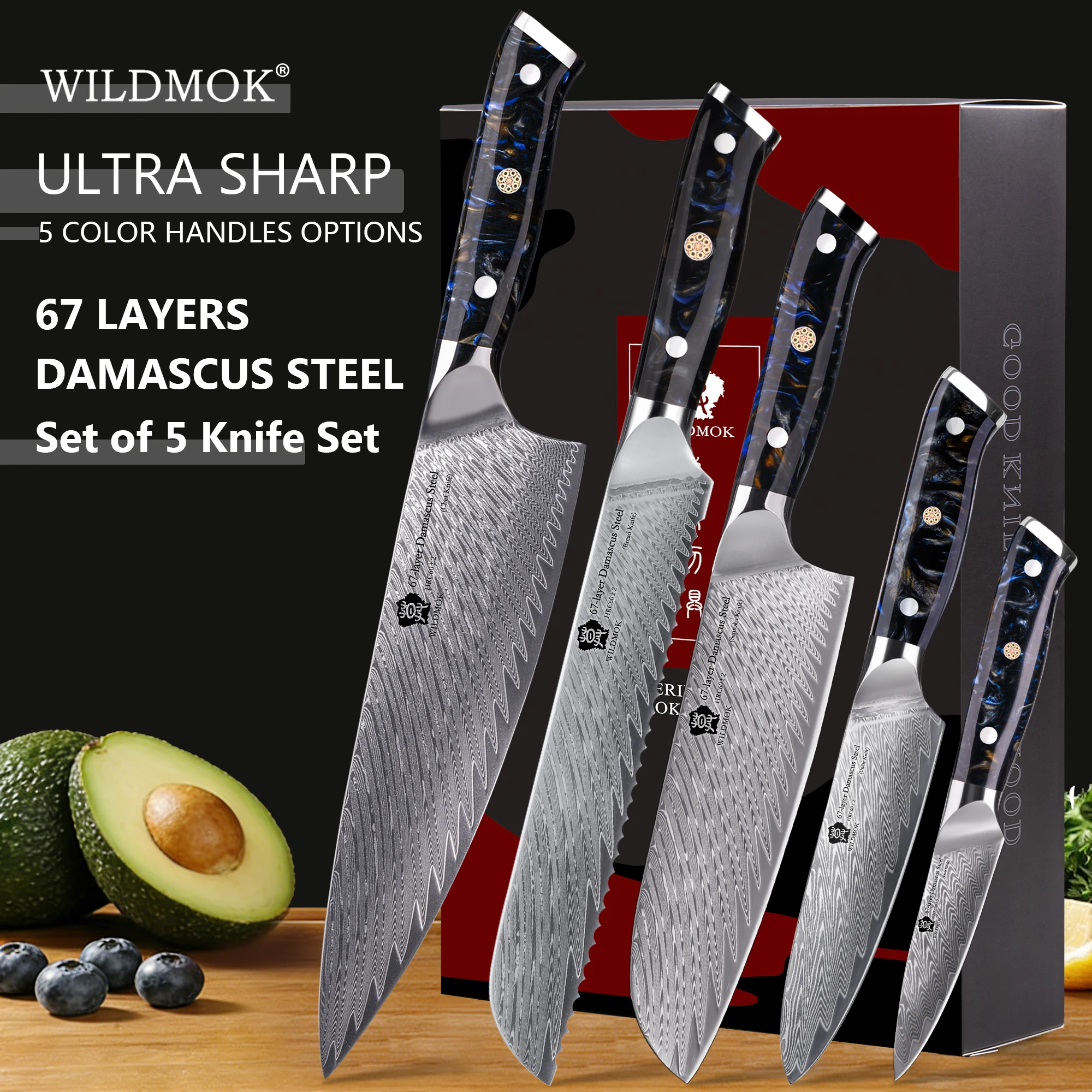 WILDMOK 5Pcs 67 Layer VG10 Damascus Steel Chef Knife Set Black Resin Handle Professional Kitchen Knives with Gift Box