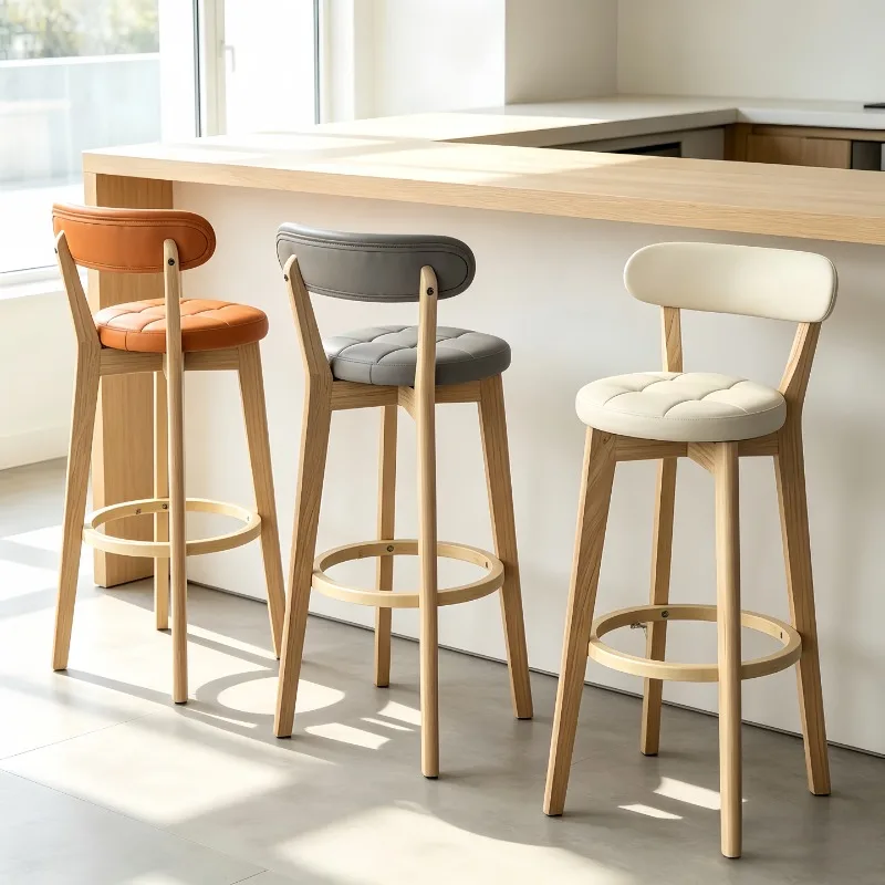 Chaise de bar confortable avec dossier, style nordique, en bois massif, pour comptoir de cuisine, Taburetes Para Barra